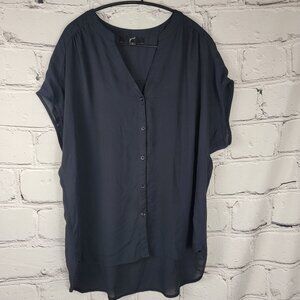GNW Womens L Black Cap Sleeve Button Down Blouse Sheer Dressy‎ Office Business